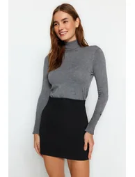 Black Interlock High Waist Zipper Knitted Mini Skirt - 1
