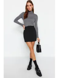 Black Interlock High Waist Zipper Knitted Mini Skirt - 4