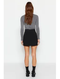 Black Interlock High Waist Zipper Knitted Mini Skirt - 3