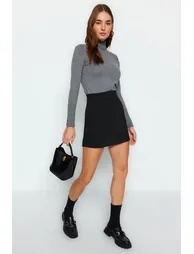 Black Interlock High Waist Zipper Knitted Mini Skirt