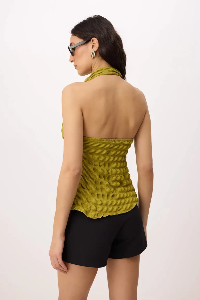 Oil Green Textured Halter Neck Crop Gathered Knitted Blouse - 3