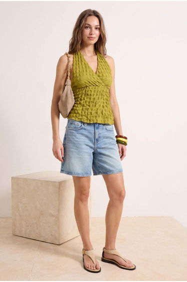 Oil Green Textured Halter Neck Crop Gathered Knitted Blouse
