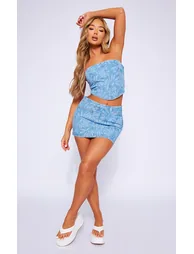 Light Blue Flower Print Dipped Hem Denim Corset - 2
