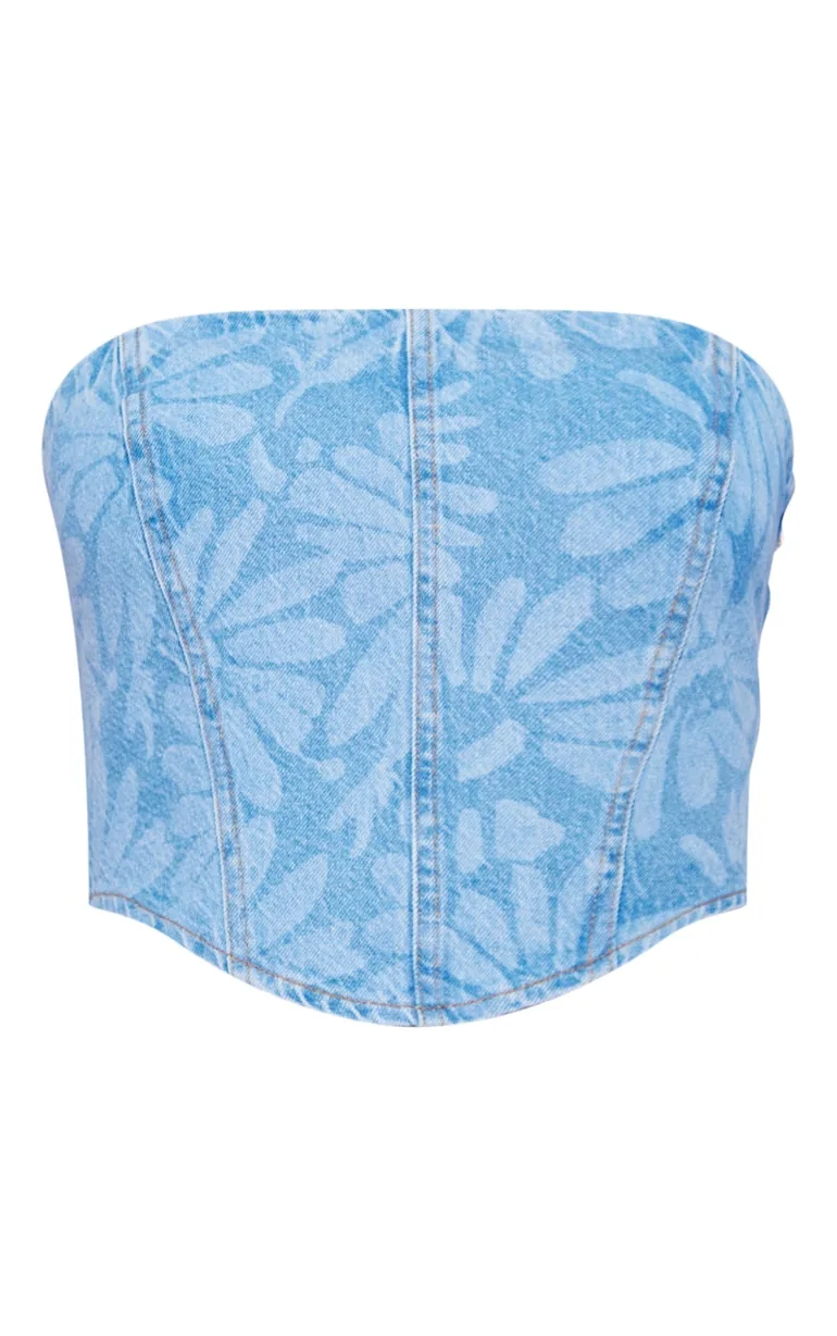 Light Blue Flower Print Dipped Hem Denim Corset - 4