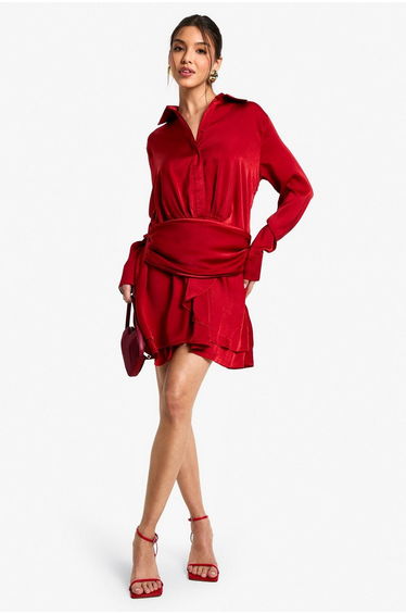 Satin Ruched Shirt Dress - red