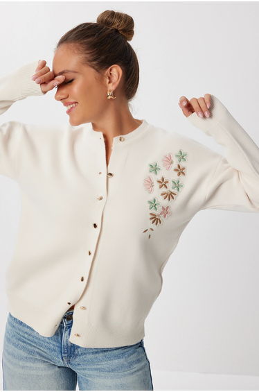 ISTANBUL Embroidered Crew Neck Long Sleeve Cardigan