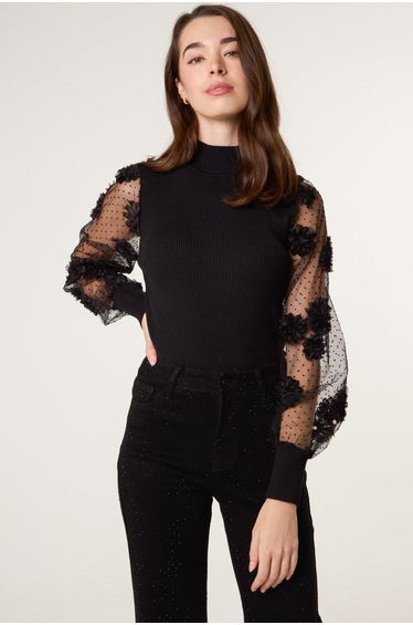 Turtle Neck Jumper With Mesh Polka Dot And Flower Detailed Sleeves