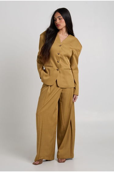 High Waist Pleat Front Wide Leg Trousers - mustard