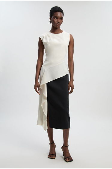 Soft Tailored Asymmetric Neck Draped Waist Detail Midi Dress