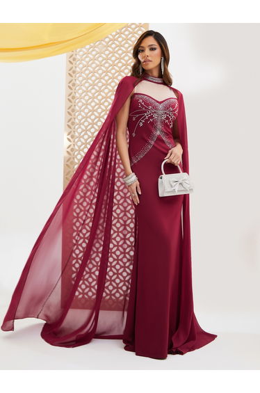 Embellished Cape Sleeve Mermaid Hem Maxi Dress