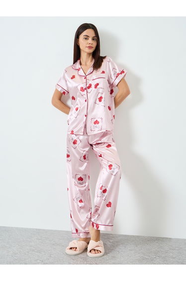 Women Graphic Printed Short Sleeve Shirt and Pyjama Set