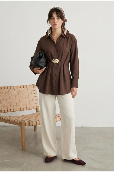 Brown Regular Lilyum Plain Woven Buckle Detailed Hijab Shirt