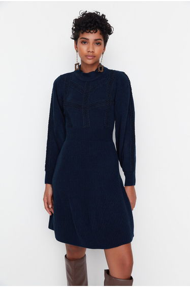 Navy Column Midi Dress with Long Sleeves