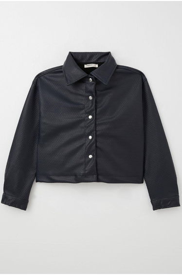 Girls' Leather Jacket with Embossed Pattern and Snap Button Closure, Navy Blue