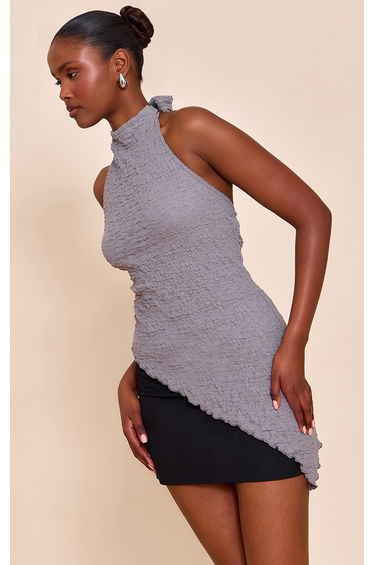 Grey Textured High Neck Asymmetric Hem Detail Long Top