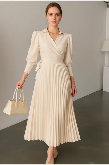 Office Pleated Asymmetric Solid Color Lapel Maxi Dresses