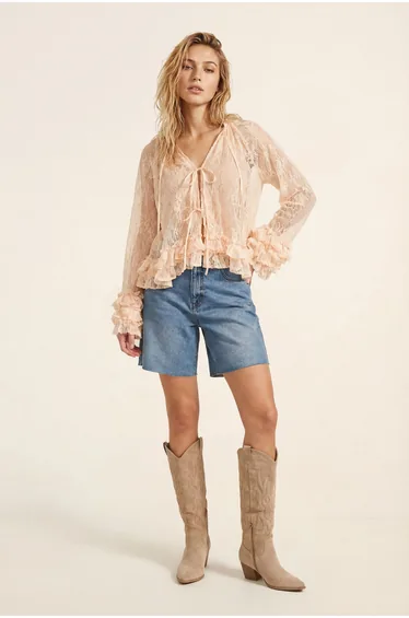 Lace Ruffle Tie Front Blouse