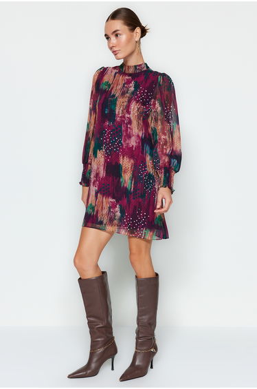 Multicolored, Straight-cut Stand-Up Collar Patterned Woven Dress