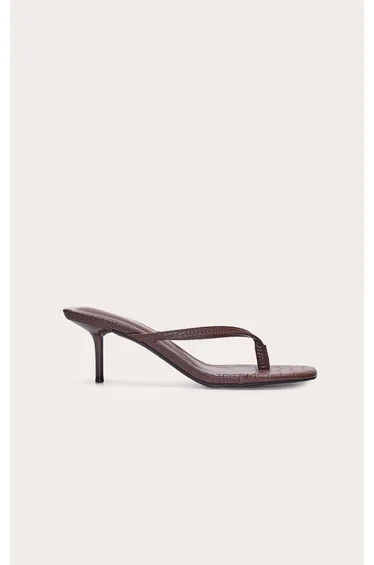 Brown Croc Pu Square Toe Thong Mid Stiletto Heeled Mules