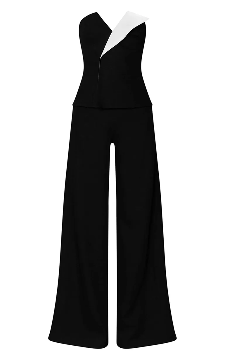 Black Contrast Lapel Bandeau Straight Leg Jumpsuit - 4