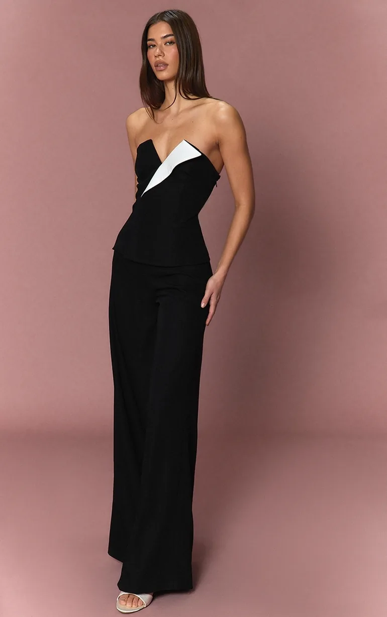 Black Contrast Lapel Bandeau Straight Leg Jumpsuit - 1