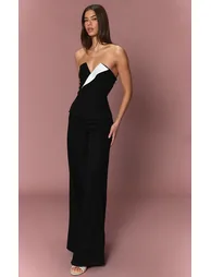 Black Contrast Lapel Bandeau Straight Leg Jumpsuit - 1