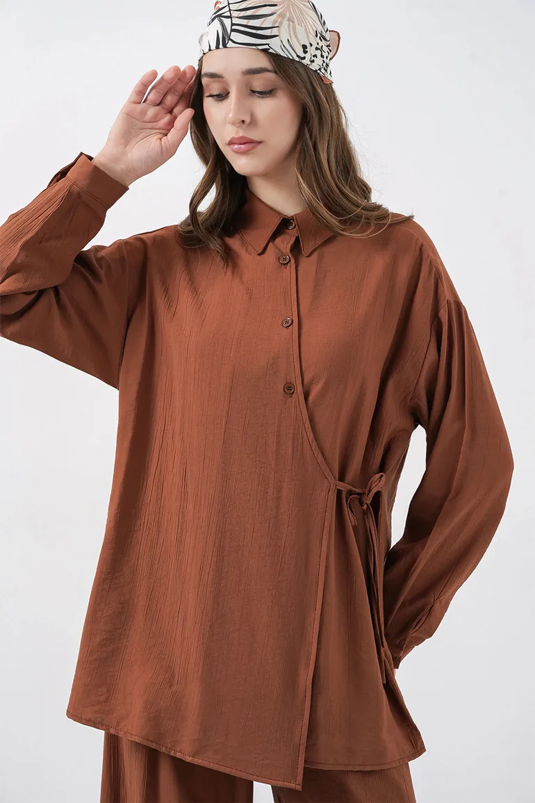 BDART Tie Detail Shirt Collar Tunic-Pants Set - 1