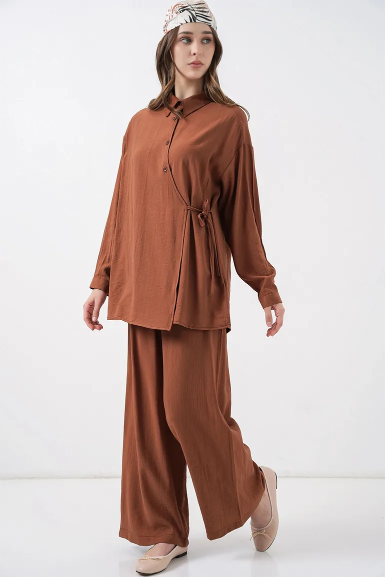 BDART Tie Detail Shirt Collar Tunic-Pants Set - 2