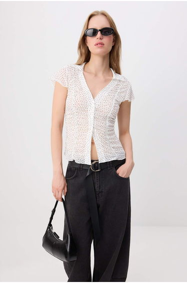 Multicolor Polka Dot Fitted Shirt Collar Buttoned Gathered Tulle Knitted Blouse
