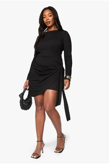 plus rib WRAP MINI DRESS - black