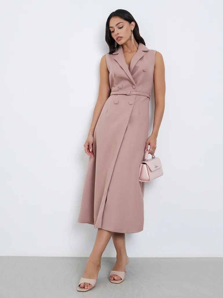knee length dresses for ladies NEW DOUBLE-BREASTED BELTED BLAZER MIDI DRESS – Moonmains GCC main image 0