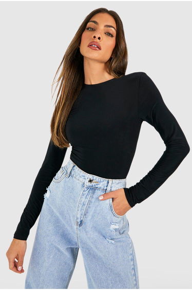 Double Layer Slinky Long Sleeve Crew Neck Bodysuit - black