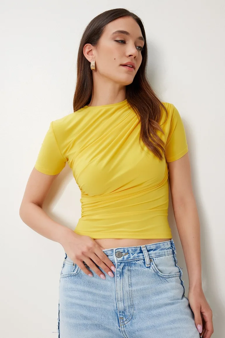 بلوزة نسائي محبوكة مزمومة - أصفر