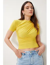 بلوزة نسائي محبوكة مزمومة - أصفر - 2