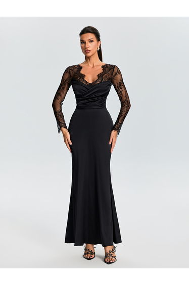 Turbulon Plunge Neck Lace Maxi Dress