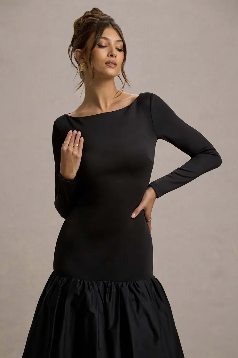Shop Perpetua | Black Drop-Waist Midi Dress With Volume Skirt Club L London Online in Saudi Arabia Shop Perpetua | Black Drop-Waist Midi Dress With Volume Skirt Club L London Online in Saudi Arabia