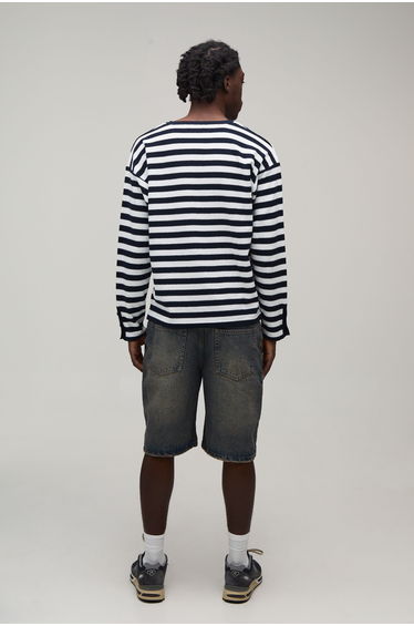 Regular Fit Henley Striped Knitted Long Sleeve T-Shirt - navy
