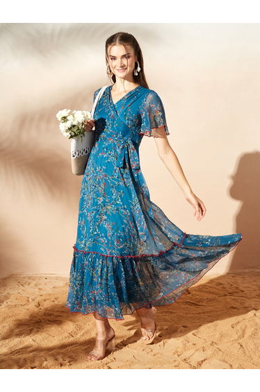 Teal Leaf Print V Neck A-Line Maxi Dress