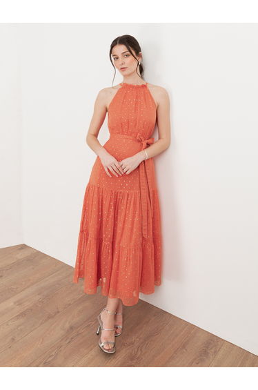 Anaya With Love Recycled Coral Halter Neck Tiered Midi Dress