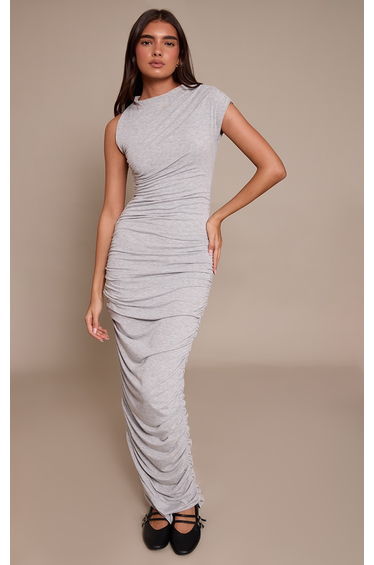 Light Grey Sleeveless Asymmetric Ruched Maxi Dress