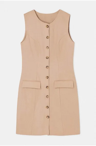 Stone Flat Button Short / Mini Woven Dress