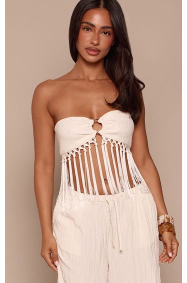 Petite Cream Fringe Hem Ribbed Bandeau Top
