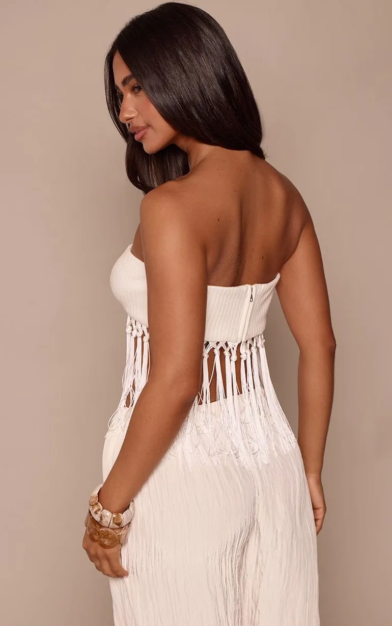 Petite Cream Fringe Hem Ribbed Bandeau Top - 1