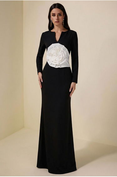 3D Flower Solid Long Sleeve Maxi Dress