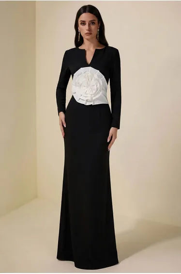 3D Flower Solid Long Sleeve Maxi Dress