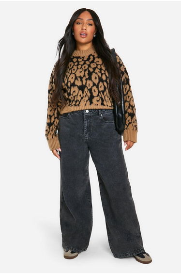 Plus Leopard Ribbed Crew Neck Jumper - leopard