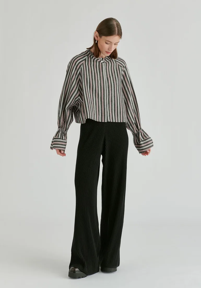 Ruffle Round Neck Blouse with Cinch Wrist Detail in Stripes - 1