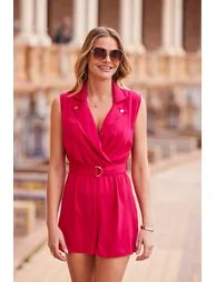 Hot Pink Wrap Front Belted Playsuit - 4