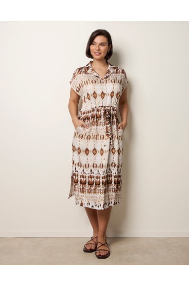 Drawstring Printed Midi Shirt Dress