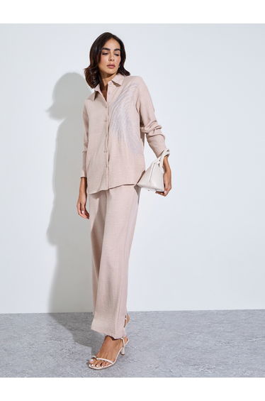 Beige Relaxed Shirt and Straight Leg Pants Modest Set